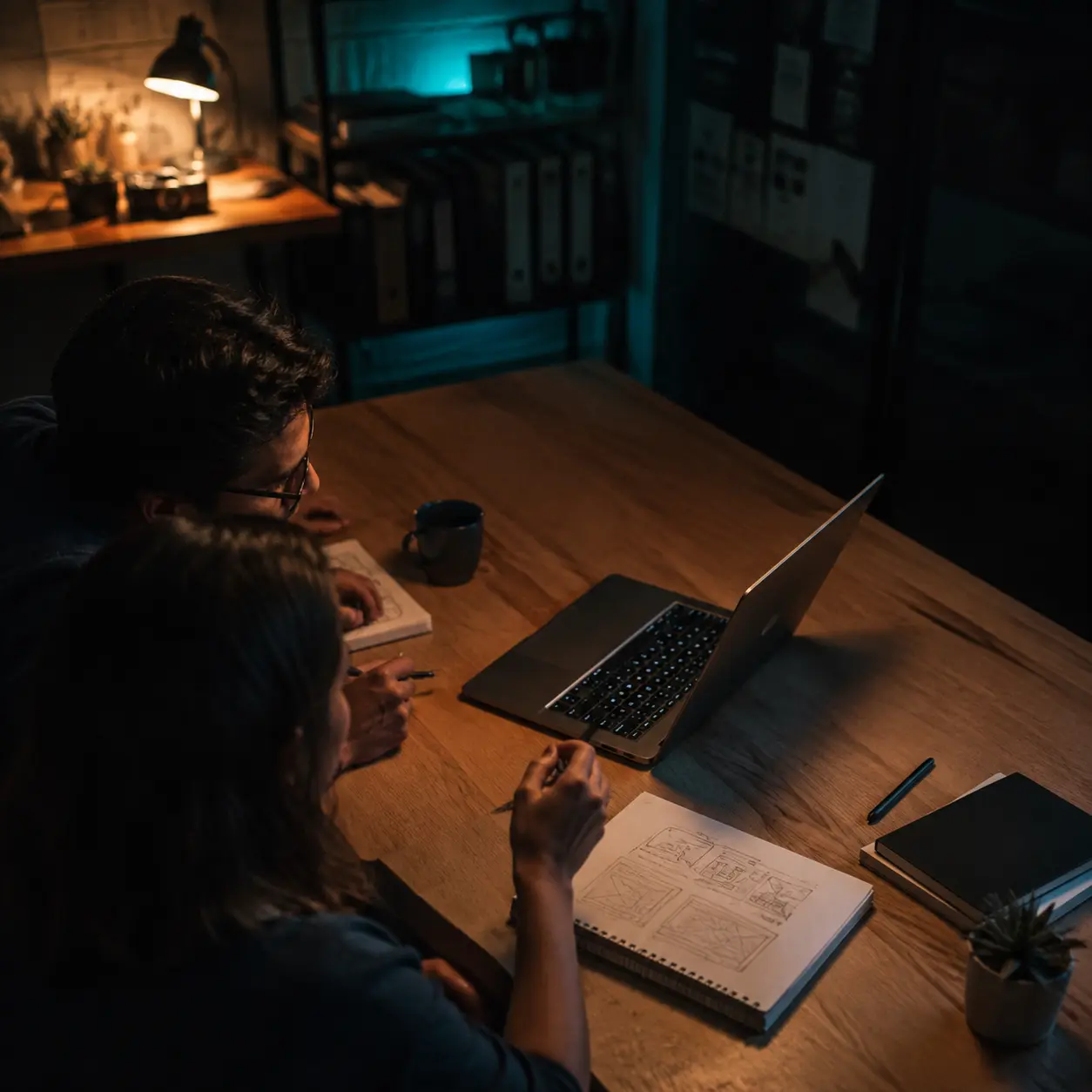 Dos personas trabajando juntas frente a una laptop, con bocetos de interfaz y un cuaderno sobre la mesa.