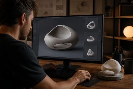 Persona modelando un objeto tridimensional en pantalla junto a un prototipo físico.