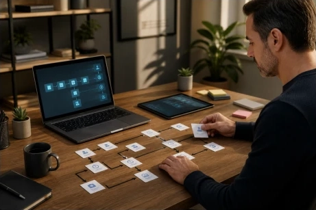 Flujo de automatización de procesos con inteligencia artificial en una laptop.