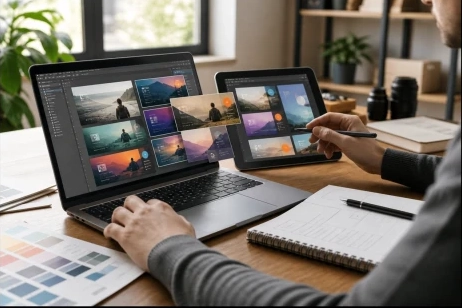 Diseño de banners HTML5 estáticos y animados sobre un escritorio de trabajo digital.