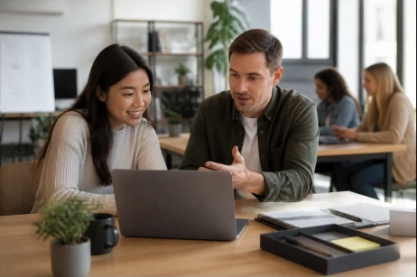 Sesión de capacitación y onboarding con un equipo frente a una laptop.