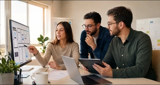 Perfiles especializados de diseño, desarrollo y calidad trabajando en conjunto.