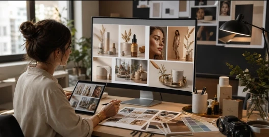 Persona revisando una grilla de fotografías de producto y lifestyle en monitor y tableta.
