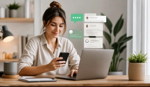 Persona usando el teléfono junto a una laptop con burbujas de chat y notificaciones de atención.