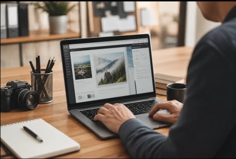 Persona administrando contenido de un sitio WordPress desde una laptop.