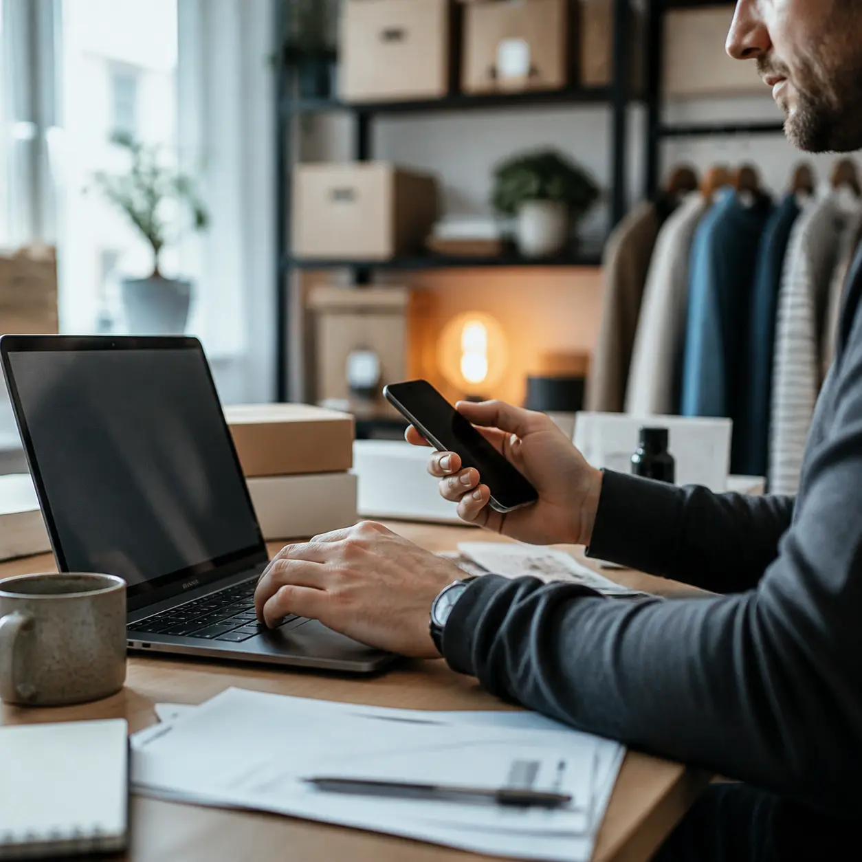 Persona trabajando con una laptop y un teléfono sobre un escritorio, con documentos y cajas de envío al fondo.