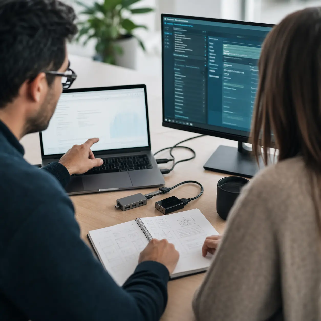 Dos personas colaborando frente a un monitor con código y una laptop, con bocetos técnicos en un cuaderno.