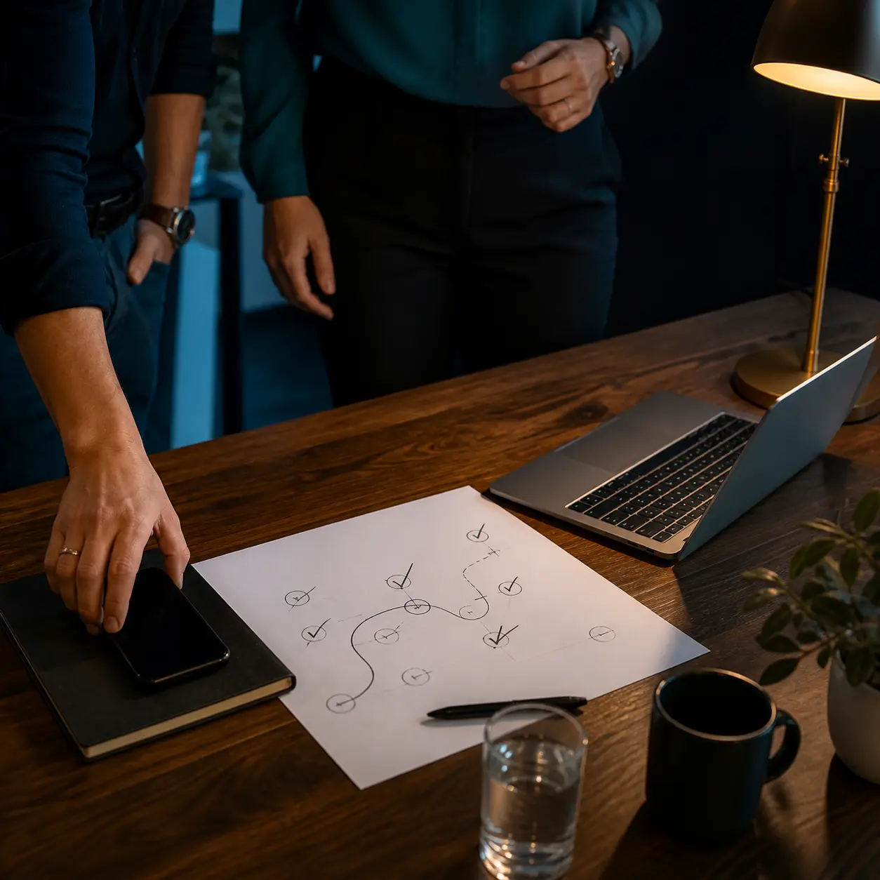 Dos personas frente a un escritorio revisando un diagrama de proceso, una laptop y un teléfono.