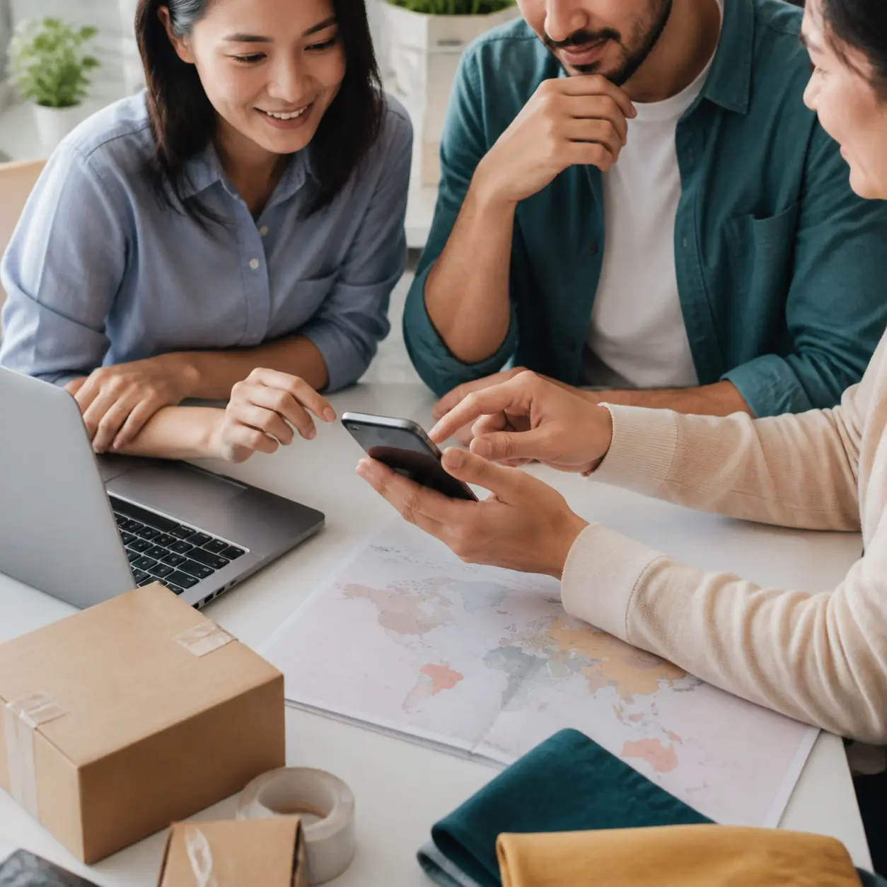 Tres personas de un equipo revisan un teléfono y una laptop junto a productos empacados, mientras deciden cómo vender en línea.