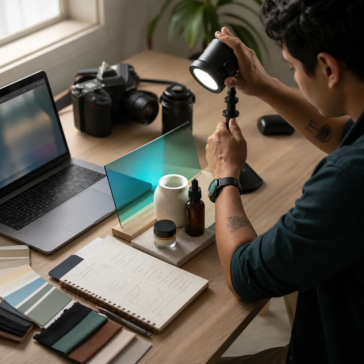 Producción de assets: iluminación, cámara y laptop para fotografiar productos de marca.