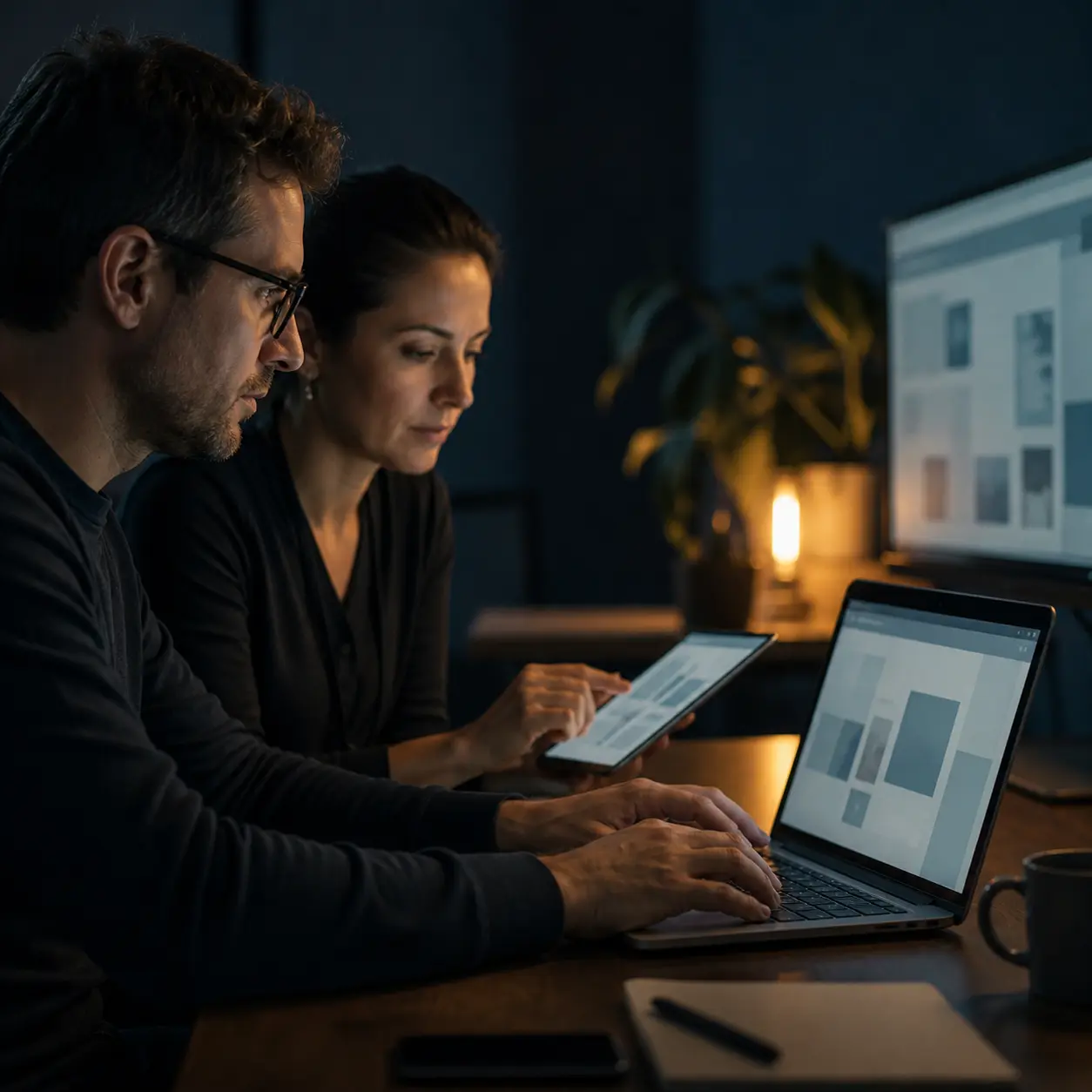 Dos personas revisando en laptop y tableta el diseño de una plataforma o sitio web.